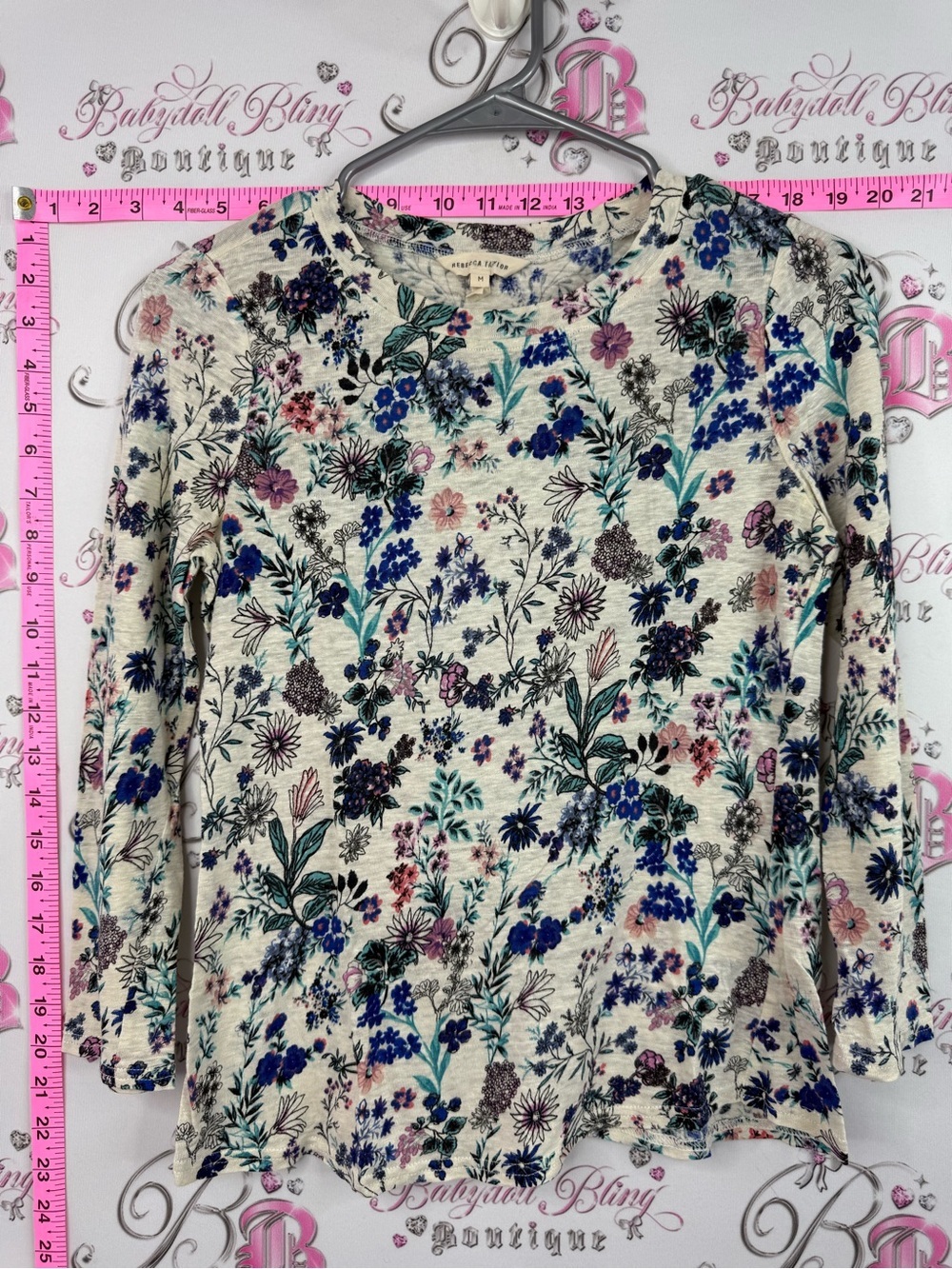 Rebecca Taylor linen Cream Long-Sleeve Crewneck Top with Blue Pink Floral Print
